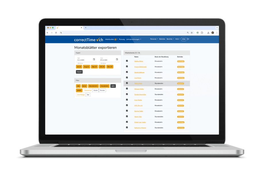 Ansicht Export Monatsblätter